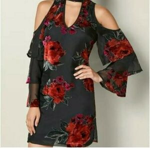 VENUS Black and Red Floral Cold Shoulder Dress